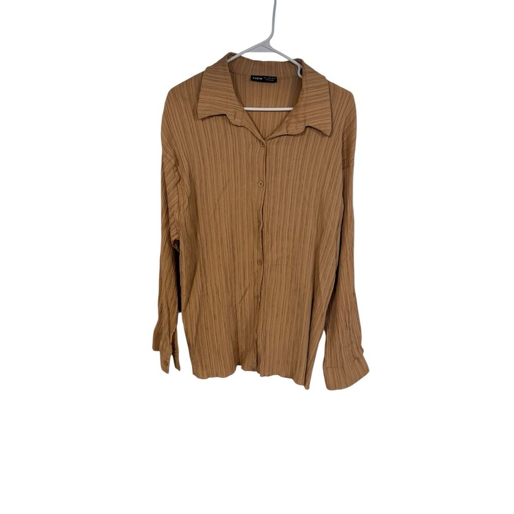 Shein Button Down Shirt Women's L Beige Long Sleeve Collard Knit Blouse